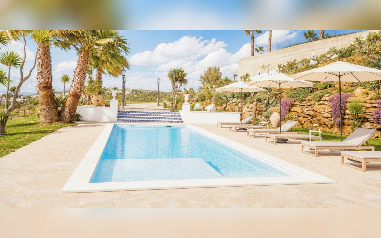 La piscina vista dal giardino, con lettini e ombrelloni