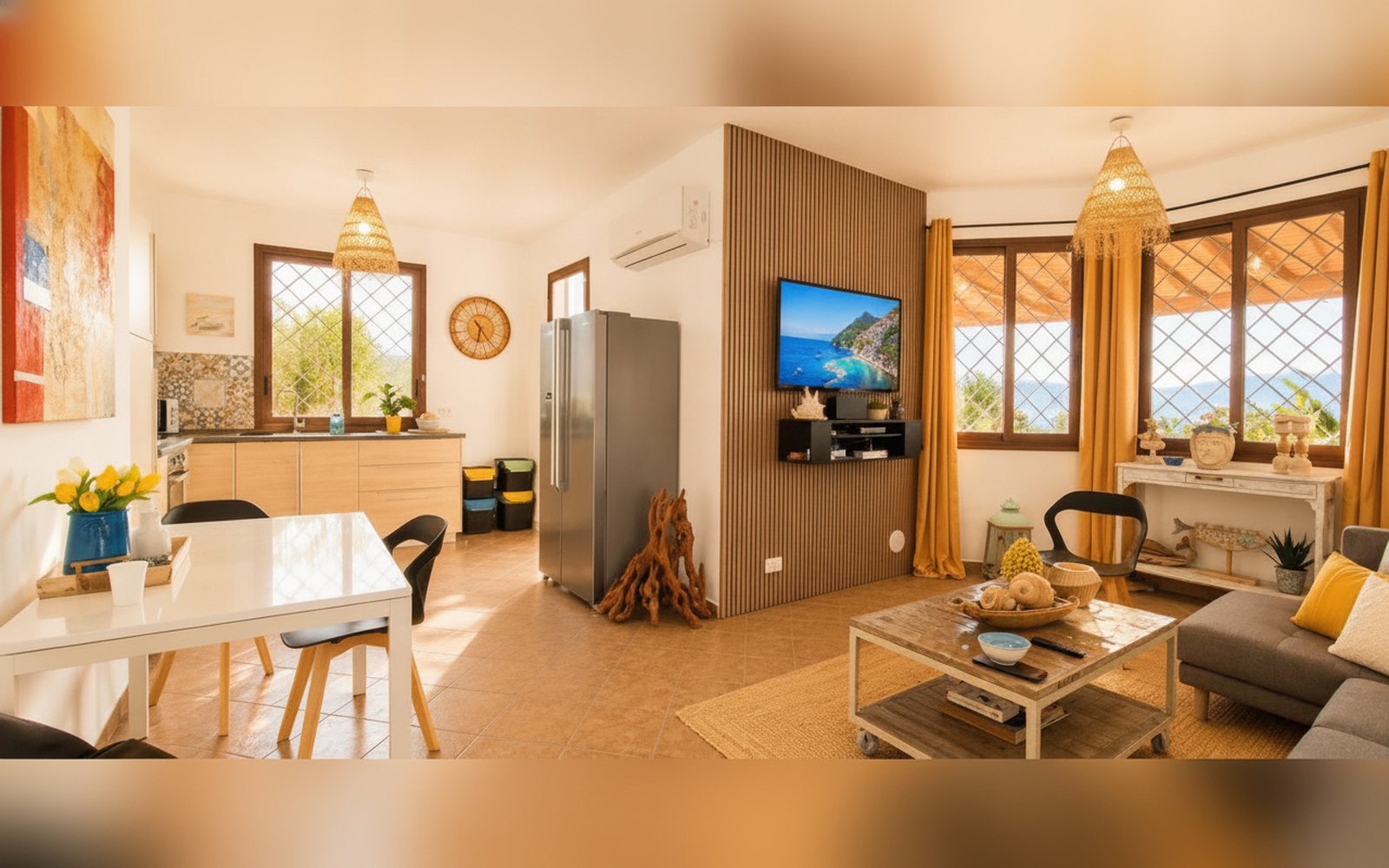 Soggiorno open space con divano, tavolo da pranzo e angolo cucina