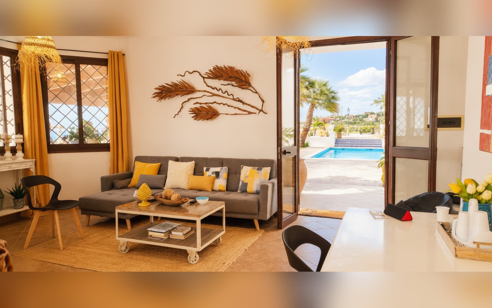 Il soggiorno affacciato sulla piscina, con la porta a vetri aperta sul giardino