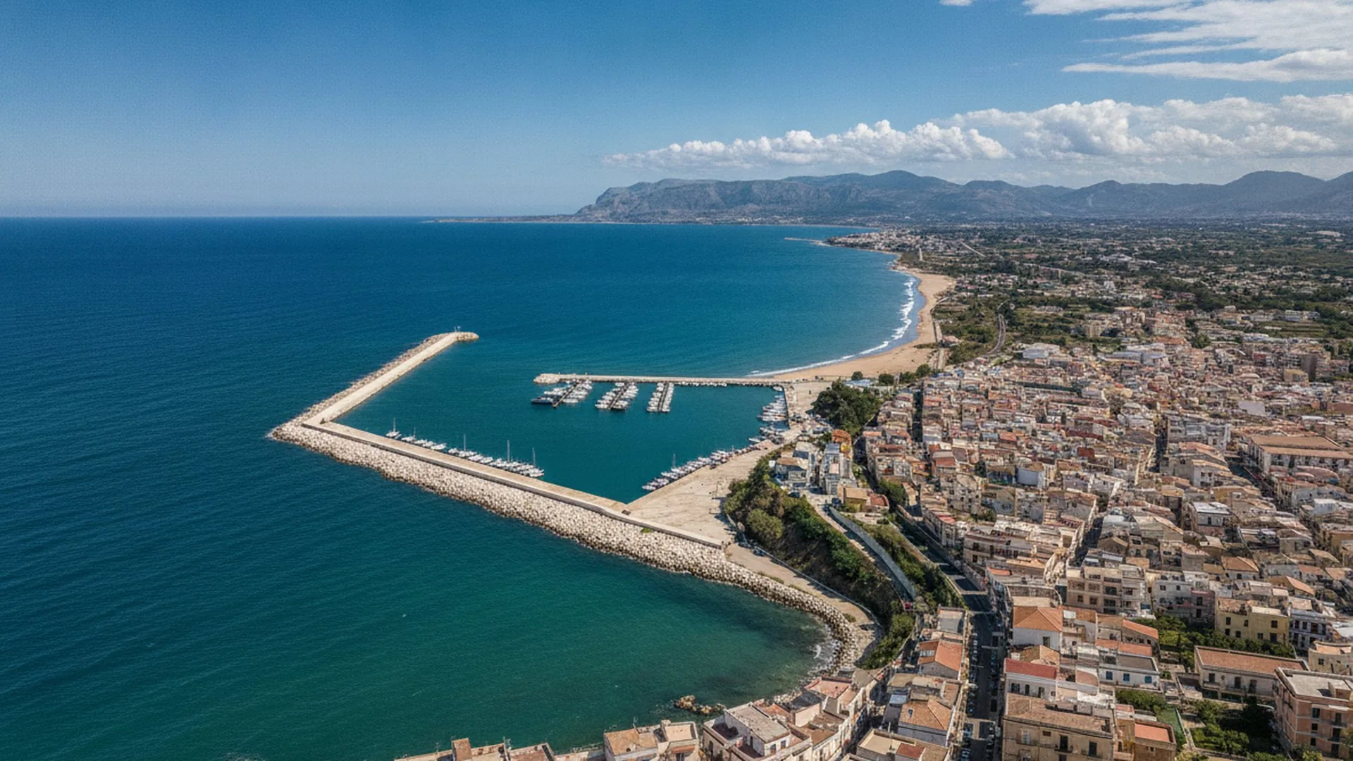 Veduta aerea del litorale e del porto sul Golfo di Castellammare