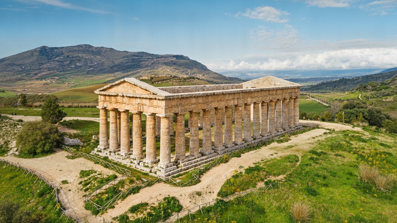 Il tempio dorico di Segesta con le sue colonne, isolato sulla collina verde